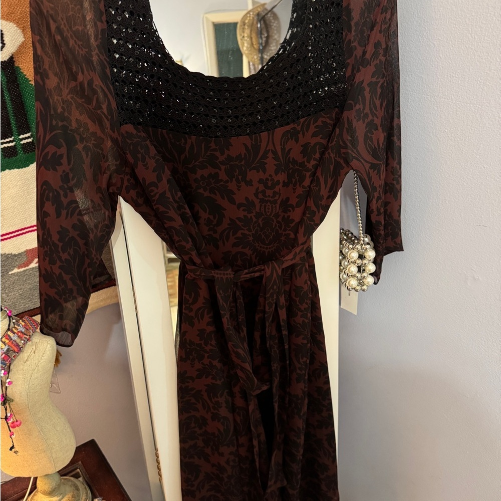 Vertigo Paris Black and Burgundy Long Sleeve Dress. Crocheted neckline